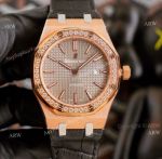 High End Replica Audemars Piguet Royal Oak Rose Gold Grey Dial Automatic Watch With Diamonds Black Leather Strap (1)_th.jpg